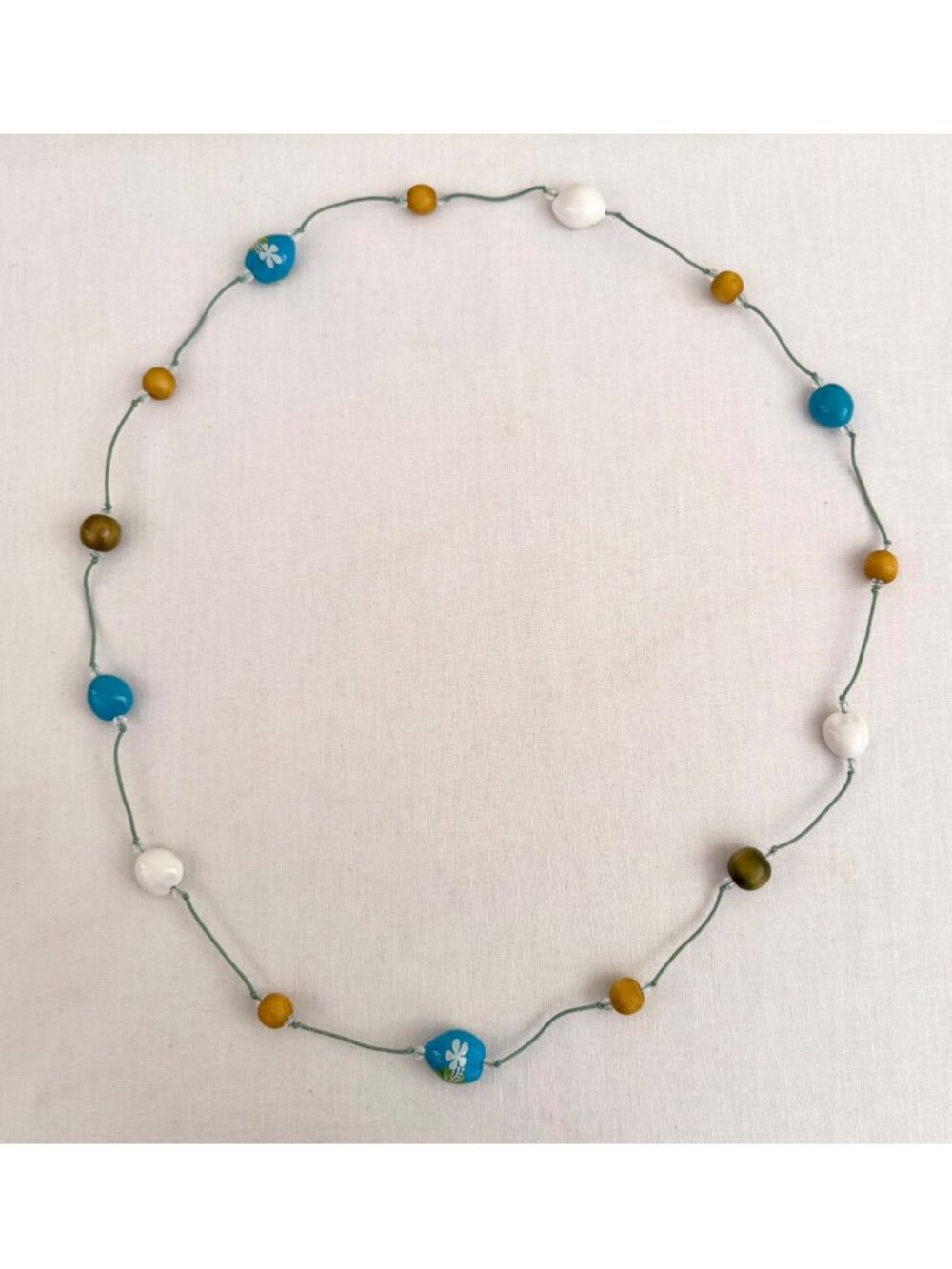 Long Beaded Necklace 50 Inch Blue Wood Wrap Boho Coastal - Picture 3 of 9